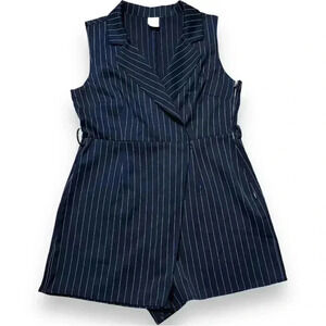 Ivy Navy Blue White Pinstripe Sleeveless Collared Wrap Closure Skirt Romper